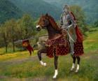 Рыцарь с шлем и брони и с его копьем готов на лошади